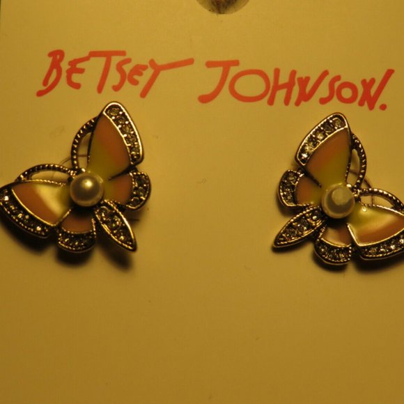 Betsey Johnson Butterfly Faux Pearl And CZ Earrings, NWT - Picture 7 of 9